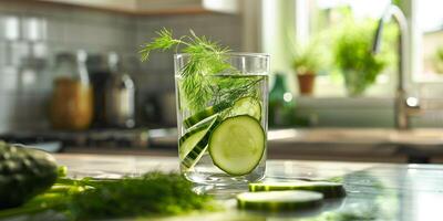 Glass container with water, submerged cucumber slices, and sprigs of fresh dill on a kitchen counter, food setting photo