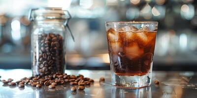 Glass filled with cold brew and ice next to a small jar of coffee beans on a table, food setting photo
