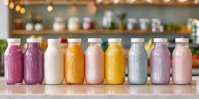 Group of assorted flavored yogurt drink bottles arranged neatly in a row on a counter, meal photography photo