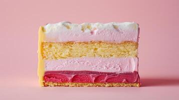 Half-sliced cake revealing neatly layered ice cream and sponge, meal photography photo