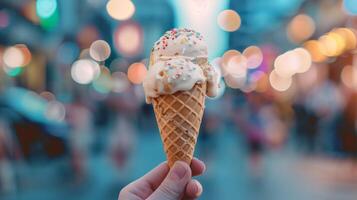 Hand holding an ice cream cone against a blurred background, focus on the ice cream, food setting photo