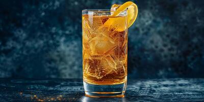 Highball glass with fizzy amber liquid and lemon twist, food setting photo