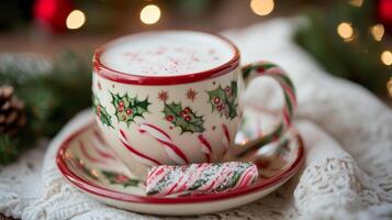 Holiday-themed mug with a warm drink and peppermint bark on a saucer, meal photography photo