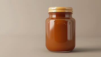 Jar of caramel sauce with a metal lid on a white marble surface, meal photography photo