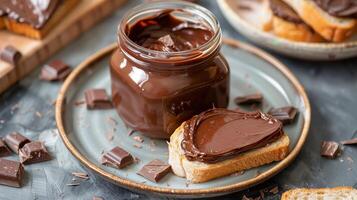 Jar of chocolate spread with a portion spread on a slice of bread on a plate, food setting photo