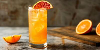 Tall glass filled with orange drink, garnished with a citrus wheel, food setting photo