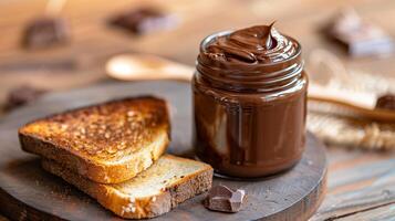 Jar of chocolate spread with lid removed, sitting beside a slice of toasted bread, meal photography photo