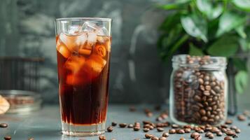 Tall glass of cold brew coffee with ice on a wooden tray with a metal straw beside it, meal photography photo