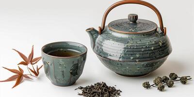 Teapot and cup filled with gyokuro tea, with loose leaves placed beside them, food setting photo