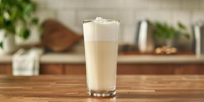 Tall, transparent glass filled with a yogurt drink, with a slight frothy top, food setting photo