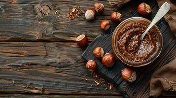 Top-down view of jar of hazelnut spread next to spreading knife on wooden table, food setting photo