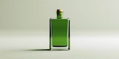 Transparent bottle containing a green liquid, positioned upright on a plain white background, meal photography photo