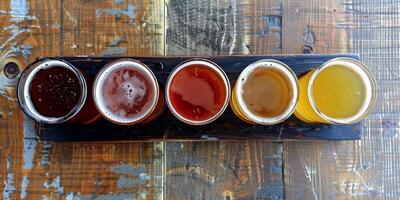 Top-down view of a craft beer flight, showcasing five different varieties, meal photography photo