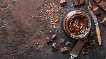 Top-down view of open jar of chocolate spread next to spreading knife, meal photography photo