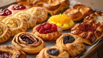 An assortment of Danish pastries on a tray, each with different fillings and shapes, food setting photo