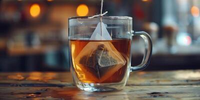 Herbal tea teabag submerged in a glass cup of water with the string hanging over the side, food setting photo