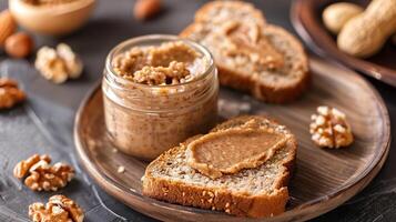 Open jar of nut-free spread with a portion on a slice of bread on a plate, meal photography photo