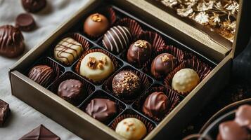 Open box of assorted dairy-free chocolate pralines, each in a separate compartment, food setting photo