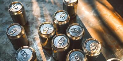 Several cans of ale arranged on a metallic table under direct light, meal photography photo