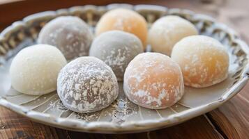 Round mochi cakes dusted with starch evenly displayed on a plain dish, food setting photo