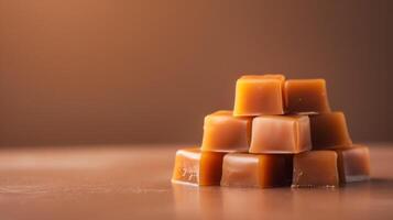 Several caramel candies arranged in a pyramid shape on a flat background, emphasizing their consistent form, meal photography photo