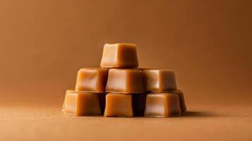 Several caramel candies arranged in a pyramid shape on a flat background, emphasizing their consistent form, food setting photo
