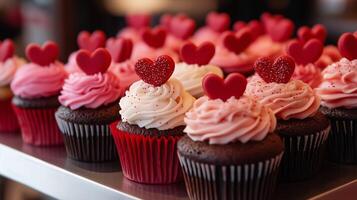 Red and pink cupcakes with heart-shaped toppers on a display tray, food setting photo