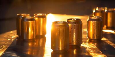 Several cans of ale arranged on a metallic table under direct light, food setting photo