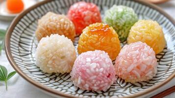Sticky rice cakes in assorted colors on a clean, simple dish, meal photography photo