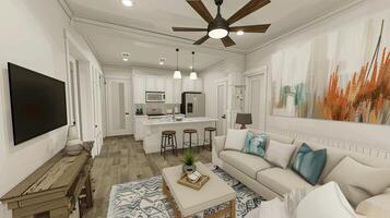 A rendering of a living room and kitchen photo