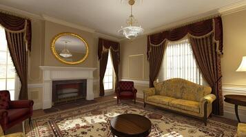 A room with a fireplace, couches and chairs photo