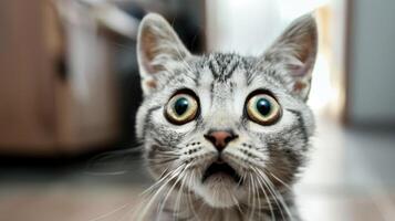A cat with big eyes looking up at the camera photo