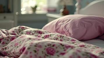 A bed with a white headboard photo