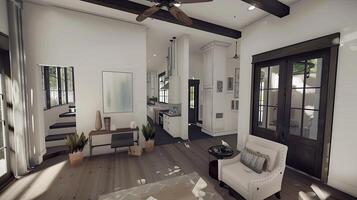 A 3d rendering of a living room with a ceiling fan photo