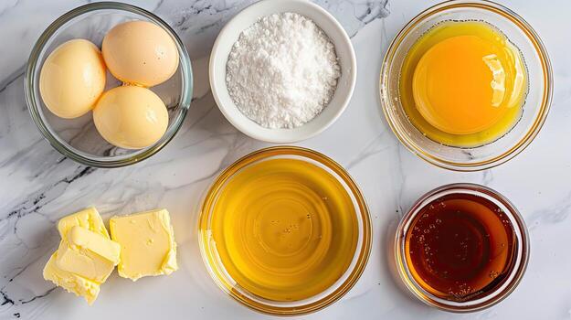 Ingredients for a cake on a marble counter photo