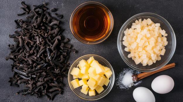 Ingredients for chocolate cake on a black background photo