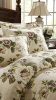 A bed with a floral pattern photo