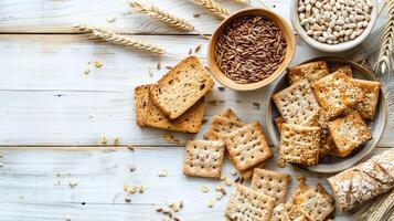 Wheat, oats, and other grains on a wooden table photo