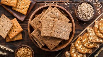 A variety of crackers and breads on a wooden table photo