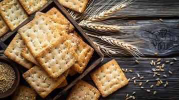 Crackers and wheat on a wooden table photo