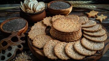 A variety of crackers and other snacks on a wooden table photo