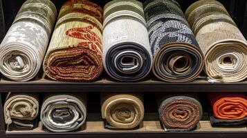 A rack of different types of carpet rolls photo