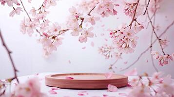 A wooden bowl with pink flowers on it photo