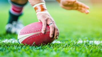 Rugby player's hand on the ball in the grass photo