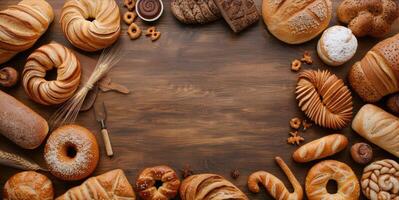 Various breads and pastries on a wooden table photo