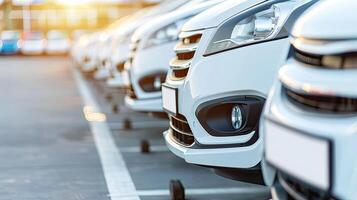 A row of white cars parked in a parking lot photo