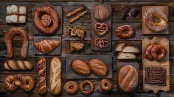 Various types of breads on a wooden table photo