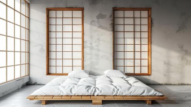 un cama en frente de dos ventanas en un habitación foto