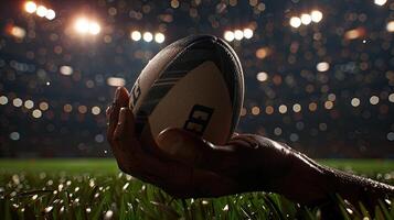 A hand holding a rugby ball in a stadium photo