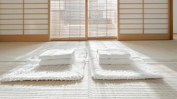 A pair of white towels on a rug in front of a sliding door photo